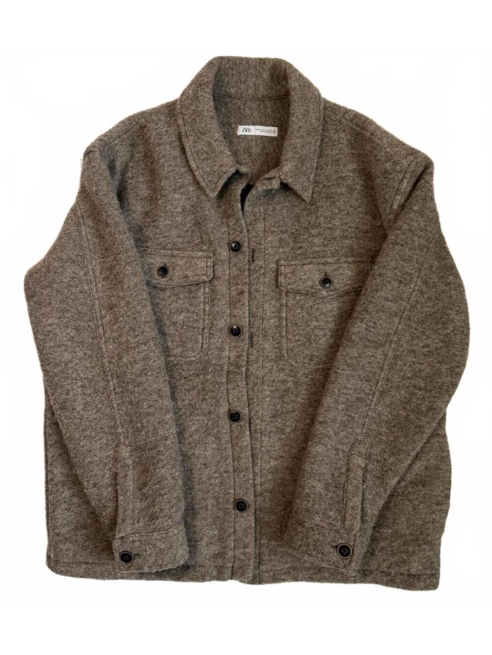 Zara Wool Blend Shacket Button Down Front Chest Pocket Jacket Casual Womens XL